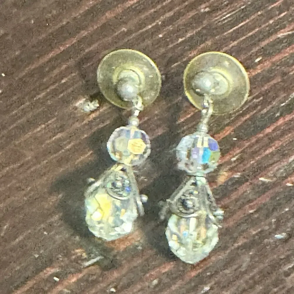 Vintage Faceted Crystal Drop Earrings Iridescent Aurora Borealis Dangle Pierced